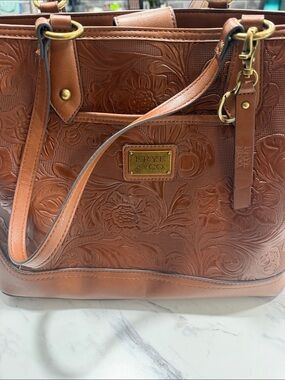 FRYE AND CO. Embossed Floral Leather Tote in Cognac